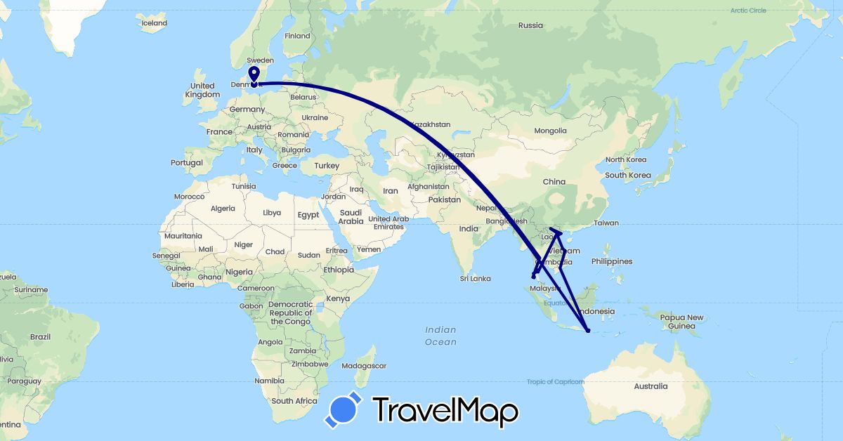 TravelMap itinerary: driving in Denmark, Indonesia, Thailand, Vietnam (Asia, Europe)
